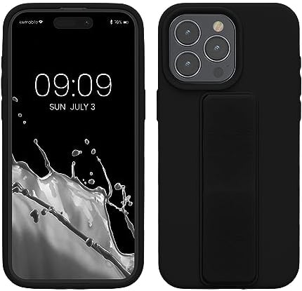 kwmobile Case Compatible with iPhone 15 Pro Max - Case with Hand Strap and Stand Soft TPU Silicone Coating - Black