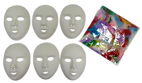 BUSDUGA 4392 6er Set Theatermasken zum bemalen und gestalten, 20x15cm, Masken zur individuellen Gestaltung, Kindergeburtstag Halloween Fasching (mit Federn)