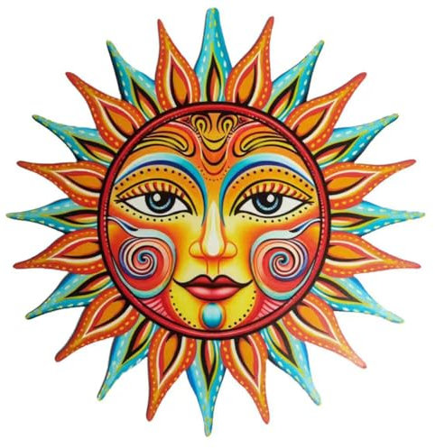 Sun Mural Wall Art Sculpture Decor - Large Metal Sun Wall Art Outdoor Sun Wall Hanging Decor Sun Face Decor, Metal Wall Sculpture for Home Garden Patio Porch Fence Decoration (Orange)