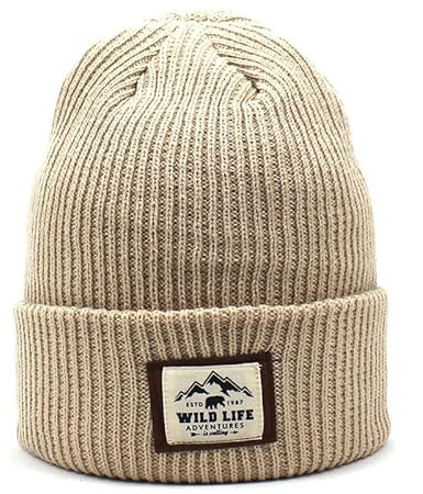 AVFORA Fold Up Beanie Striped Knit Hat Rolled Trim Patch Men's Outdoor Warm Pullover Hat