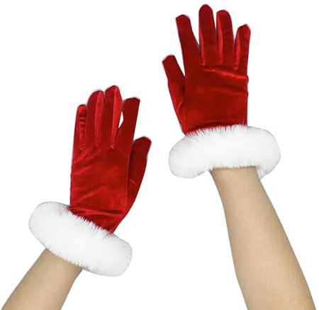 LUOFENG Weihnachts-Cosplay-Weihnachtsmann-Handschuhe, Winter-Vollfinger-Fäustlinge, dehnbar, warm, kleine Glöckchen/weiße Bündchen, Handschuhe für Mädchen und Teenager
