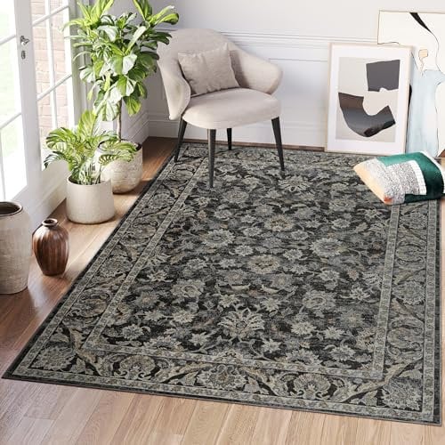 TAPISO Ritz Waschbarer Teppich rutschfest Schwarz Grau Kurzflor Vintage Floral Design Wohnzimmer Schlafzimmer Arbeitszimmer Küche ÖKO-TEX 120 x 170 cm