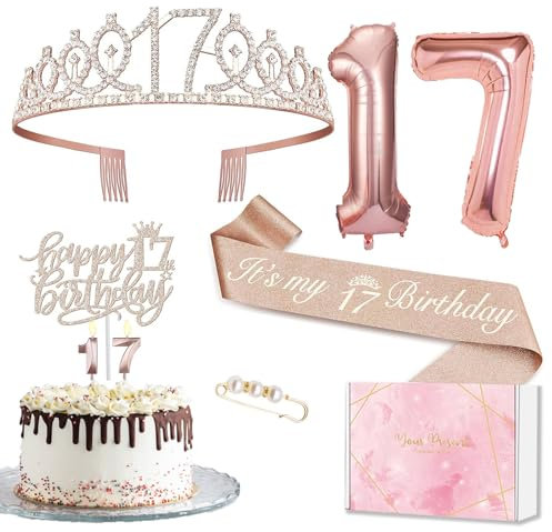 Deko 17 Geburtstag Mädchen, 17. Geburtstagskrone und Schärpe, Happy Birthday Tortendeko und Kerzen, Roségold Folienballon 17, Geburtstagsgeschenk für 17 Jahre Mädchen