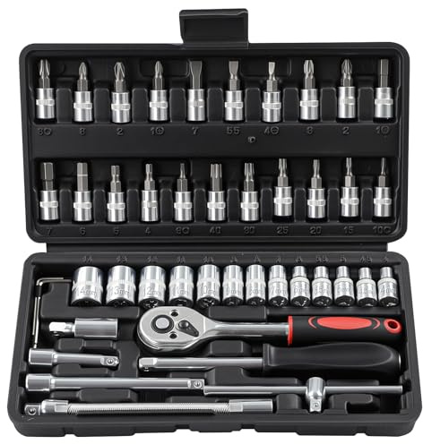 Putentfun 1/4 Zoll Steckschlüsselsatz, 46 teilig Steckschlüssel Bit Set Metrisches mit Flexiblen Verlängerungsstangen, Schnellspann Umschaltknarre -für die Reparatur zu Hause und DIY