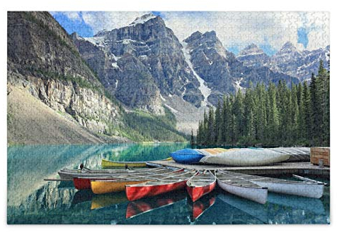 IGHSNZUH Banff Nationalpark Jigsaw Puzzle Rocky Mountains Alberta Canada Moraine Lake Boot 500 Stück Rätsel Lernte Intellektuell Dekomprimierende Lustige Spiele Für Kinder Erwachsene Home Wall Decor
