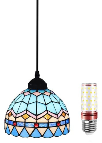 Uziqueif Lustre Chambre, Tiffany Lampe Suspendue, Lustres Verre Vintage, E27 Lampe Plafond, Suspension Luminaire pour Cuisine Salon Salle Manger Couloir, Hauteur Réglable, avec Ampoule LED,H