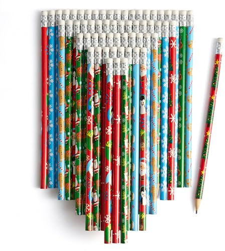 THE TWIDDLERS - 60 Weihnachtsstifte mit Radiergummi, Weihnachtsmann, Weihnachtsbaum, Rentier, Schneemann, verschiedene festliche Designs für Kinder, Spielzeug, Weihnachtsgeschenke, Partytüten