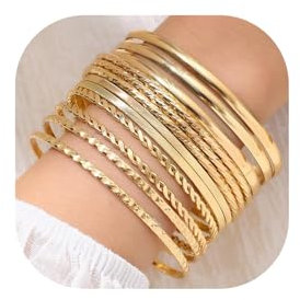 WATEFOER Gold Armreif Armbänder Set für Damen Boho Mehrschichtige Stapelbar Strukturierte Armbänder Indische Chunky Armreif Armband (A-12pcs)