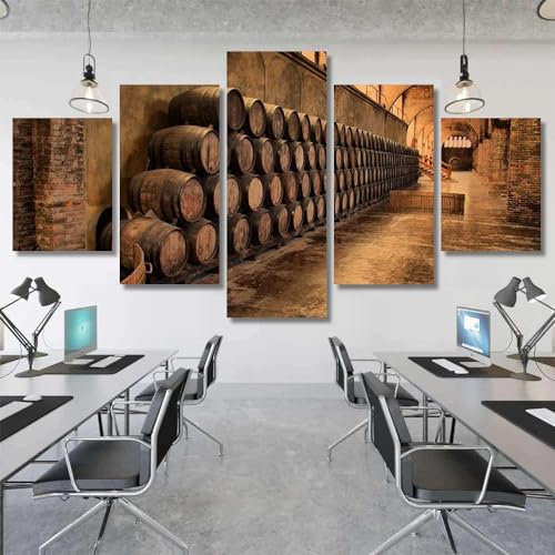 QYYAMDEQ Wandbilder Mit Rahmen 5 Teiliges Leinwandbilder Weinfass 5 Platten Poster Wandbild Kunstdrucke Büro Küche Schlafzimmer Wandbilder Wohnzimmer xxl