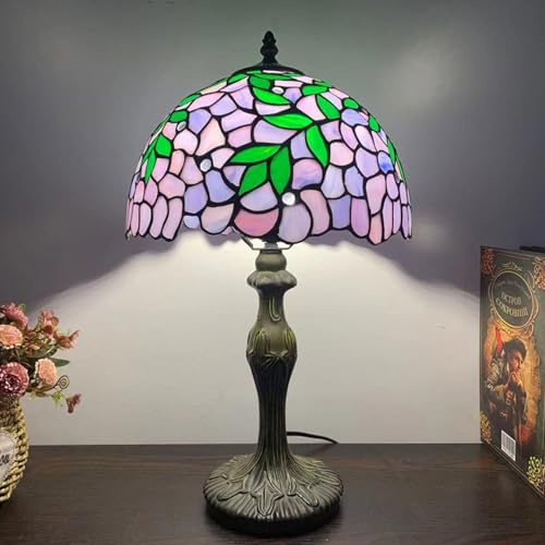 BOTOWI Glyzinienlampe Tiffany Tischlampe mit Legierungssockel Blau Lila Blume Grün Blatt Lampe 12 breite Nachttischlampen Vintage Schreibtischleuchte für Zuhause Kaffee Wohnen Büro Studie,Lila