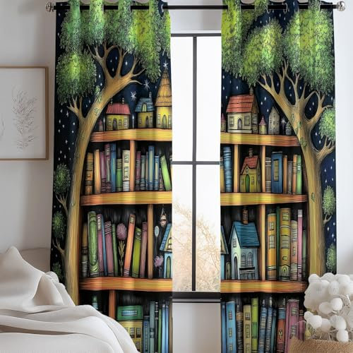 Verdunkelungsvorhänge Cartoon Dschungel Bücherregal Motiv H 140 x B 90 cm (2er Pack) vorhänge mit Ösen für Kinder-und Jugendzimmer dekorieren Braun Bedruckt wärmeisoliert vorhänge