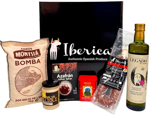 Iberica Spanish Produce Hamper – Authentic Spanish Food Gift Box with Olive Oil, Chorizo, Saffron, Paprika, Garlic Aioli & Premium Bomba Rice | Gourmet Mediterranean Selection