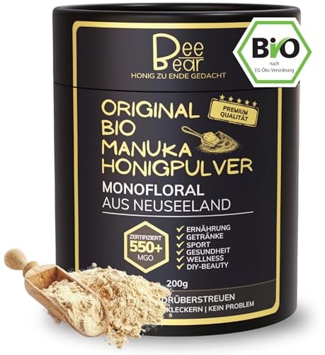 BeeBear Manuka Honigpulver MGO 550 | Bio Nahrungsergänzungsmittel & Superfood Pulver für Smoothie & gesundes Frühstück | Porridge Topping & Müsli Topping | Immunsystem stärken & Energy Pulver