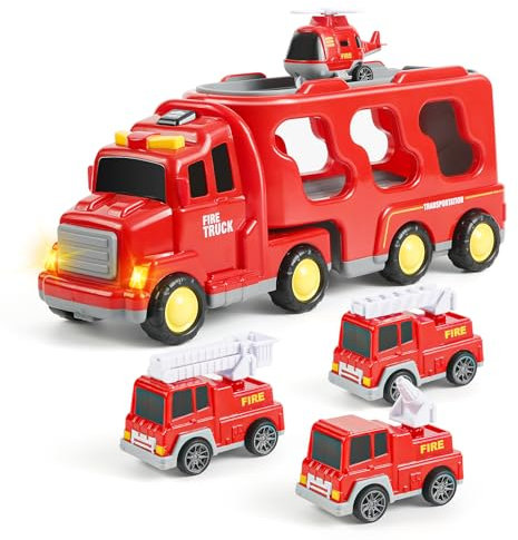 Weinsamkeit Spielzeug Auto ab 2 Jahren Feuerwehrauto Spielzeug für Kleinkinder 5 in 1 Kinder Transporter LKW mit Licht und Musik Weihnachten Geburtstagsgeschenke für Jungen Mädchen 2-5 Jahre
