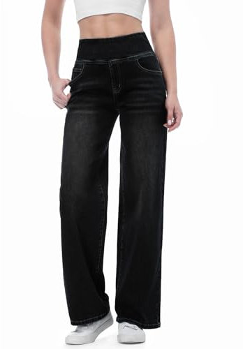 Chasehot Pull on Wide Leg Jeans for Women, High Waisted Stretchy Baggy Trendy Tummy Control Straight Leg Jeans Denim Pants Black-XL