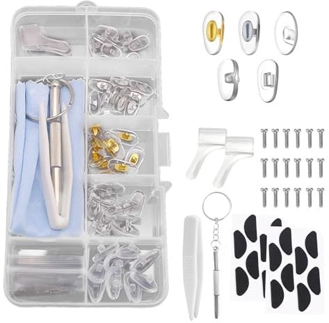 SNONESIY 1 Satz Brillen Nasenpads,Brille Silikon Brillen Reparaturset Set,Inklusive Ohrbügel,Brillenputztuch,Pinzette,Schraubendreher,Mit 8 Paar Nasenpads Brille,Passend für Brillen und Lesebrillen