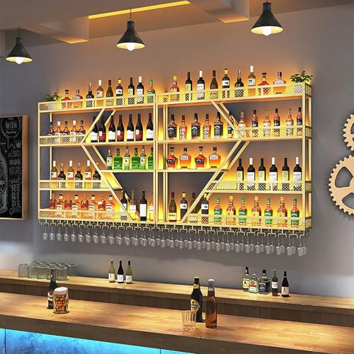 KCGCIHMS Portabottiglie da Bar a Parete con Luce LED e portabicchieri sospeso, mensola in Ferro, mensole sospese a Parete, portabottiglie in Metallo, mensola per liquori, portabottiglie per