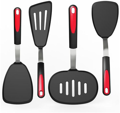 Silicone Spatulas for Nonstick Cookware, GEEKHOM 600F Heat Resistant Extra Large and Wide Flexible Spatulas Rubber Turners, Kitchen Cooking Utensils Set for Pancake, Eggs, 4 Pack, Black/Red