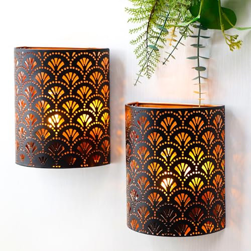 JHY DESIGN Set of 2 Battery Powered Lamp 20cm H Wall Sconce Lighting Metal Rustic Wall Mount Lamp with 6-Hours Timer Wall Decor for Living Room Bedroom Hallway Stairway (Brown Flabellum)