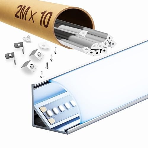 ClarivantiLED LED-Eckprofil 45°, LED Profil Schiene 2m, für 10mm Streifen, Kanal mit milchig-weißem Diffusor, Größe 15×15mm (SP30, 10 Stücke)