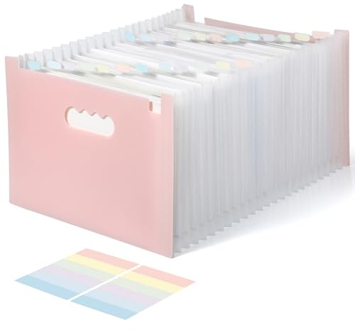 Smivyhp Dokumentenmappe A4 25 Fächer, Mappen Ordnersystem Mit 25 Fächern, Fächermappe Mit Etiketten, Akkordeon Aktenmappe Für Büro Hause Schule, Rosa, mit Indexaufkleber