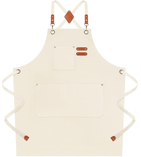 Riqiaqia Delantal de Cocina de Lona para Hombres y Mujeres, Chef Delantal de Trabajo Pesado con Correas Ajustables y Amplios Con 3 Bolsillos, Talla M a XXL