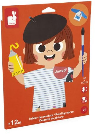 Janod – Malschürze für Kinder ab 18 Monaten – Größe 82 bis 110 cm – Lange Ärmel – Schutzschürze Ideal zum Malen, Basteln und für andere kreative Aktivitäten – Wasserdicht – J07404