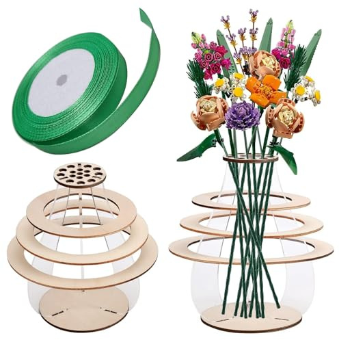 Floating Ring Vase for Lego Flower Bouquet Building Set - Acrylic Wooden Vase, Flower Display Stand, DIY Acrylic Wooden Vases Kit for Roses,Cherry Blossoms, Chrysanthemum, Lily, Tulips, Lotus