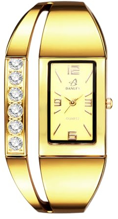 JewelryWe Damenuhr Rechteckige Armreifen Uhr: Gold Analog Quarz Armbanduhr Damen Armspange Uhr Spangeuhr mit Strass Metallarmband und Eckigem Zifferblatt - Elegant Luxuriöses Geschenk für Frauen