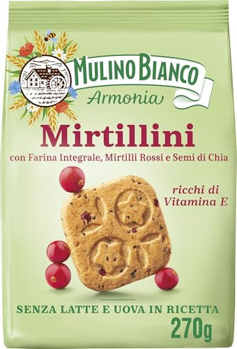 Mulino Bianco Mirtillini, Biscotti Frollini con Farina Integrale, Mirtilli Rossi e Semi di Chia, Ricchi di Vitamina E, Senza Latte e Uova in Ricetta, Confezione 270g (Confezione da 2)