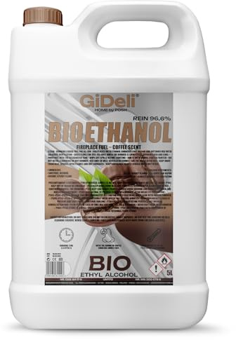 GiDeli Bioetanolo 5 l profumo di caffè 96,6% etanolo per camini interni ed esterni, fumo e fuliggine – da mais e barbabietola da zucchero