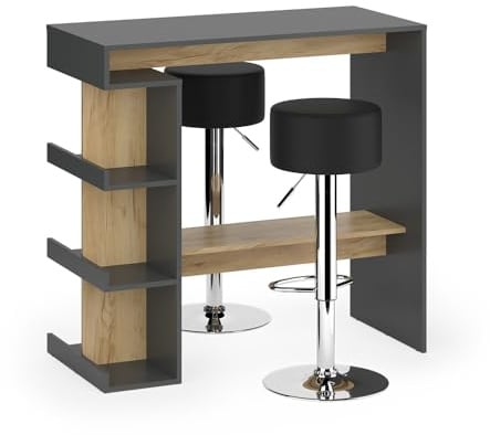 Vicco Bartisch-Set Dana, Anthrazit/Goldkraft Eiche, 108 x 50 cm | mit 2 Barhockern, mit offenen Ablagen zur Nutzung als Stehtisch