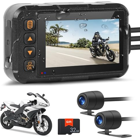 Motorcycle Dash Cam, Motorcycle Camera Front and Rear Waterproof Motorbike Camera Dual Lens Motorbike Dash Cam with 32GB TF Card, 3 HD IPS Display, Night Vision, G-Sensor, Loop Recording, DVR Dashcam