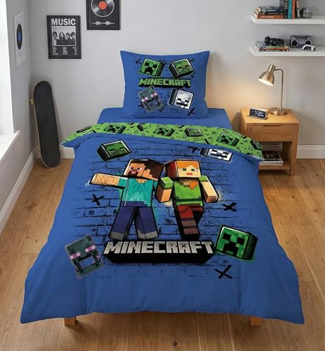 Minecraft Bettwäsche Steve & Alex 135x200+80x80 – 100% Mikrofaser | Wendebettwäsche | Schnelltrocknend | 135x200+80x80 cm | Kinder & Jugendliche | Gamer | Offiziell lizenziert | Einzelbett