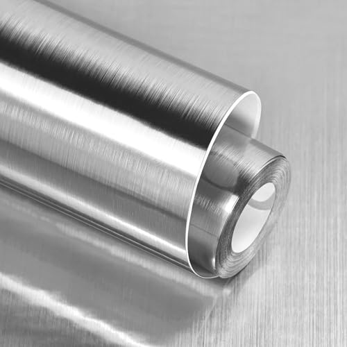 Amiya Küchenfolie Edelstahl Vinylfolie Kleber Metallische Selbstklebend Küche Folie Silber für Möbel,Kühlschrank, Spülmaschine, Arbeitsplatte als Renovierungsfolie40X300cm