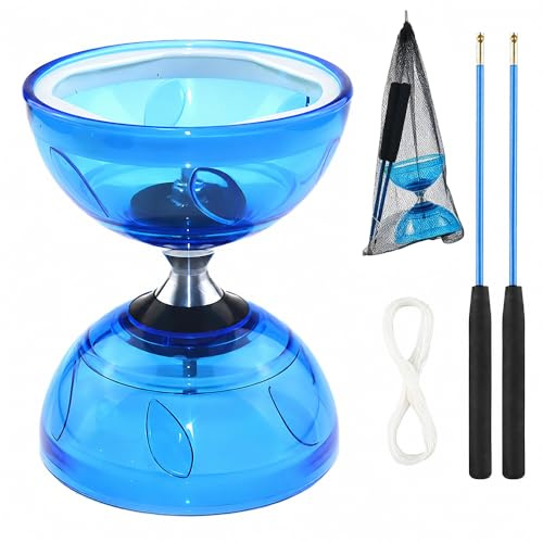 WDKXCN Diabolo con Cuscinetti a Sfera, Giocoliere Set con Luce a LED e Aste, Giocoliere in Gomma Morbida Trasparente con Corda di Ricambio e Tasca a Rete, Sport Ricreativi per Principianti, Blu
