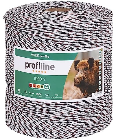 VOSS.farming Filo per recinzioni elettriche, Lunghezza 1000 m, con Fili in Acciaio 3 x 0,20 e Fili in Rame 3 x 0,25, Colore Bianco/Nero