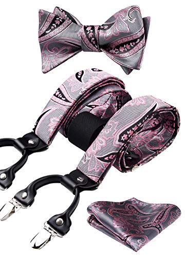 HISDERN Rosa Herren Hosenträger mit 6 starken Clips Extra Breit Paisley Y Form Hosenträger für Herren mit Fliege Einsteckuch Set…