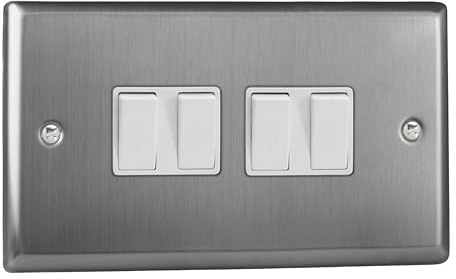Varilight Quad 2-Way Rocker Light Switch - Classic Brushed Steel With White Rockers, XT9W