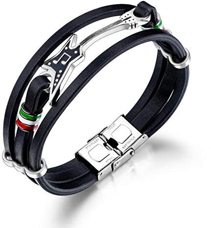 ESTUYOYA - Pulsera de Cuero y Acero Inoxidable Exclusivo Diseño Bandera de Italia y Guitarra con Cierre de Seguridad Antiperdida Tamaño Ajustable Amuleto Unisex
