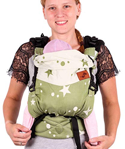 SCHMUSEWOLKE FirstEdition Babytrage Neugeborene und Kleinkinder Mirastar Olivine BIO-Baumwolle Babysize 0-12 Monate 3-12 kg Bauch-und Rückentrage
