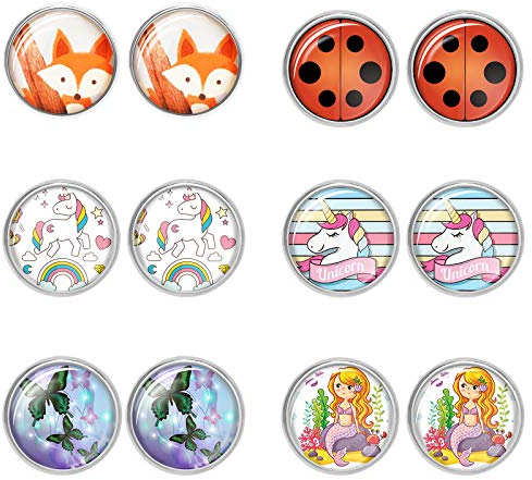 Hifot 6 Paare Clip Ohrringe mädchen, Süße Ohrclips Einhorn Marienkäfer Fuchs Schmetterling Meerjungfrau Ohrringe Set Runde Glas schmuck kinderohrringe Geschenk Partyzubehör