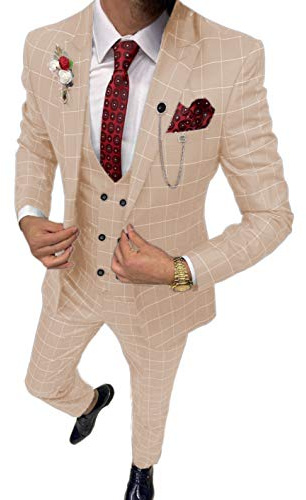 Costume 3 pièces pour hommes, coupe ajustée, à carreaux, smoking pour mariage et garçon d'honneur (Blazer+Gilet+Pantalon) (Beige, 34)