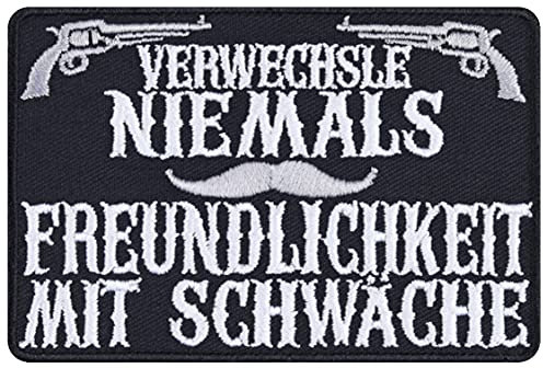 Rocker Patch Verwechsle niemals Freundlichkeit nicht mit Schwäche Kutten Aufnäher Heavy Metal Bügelbilder Biker Sticker für Männer/Frauen DIY Applikation für alle Stoffe | 90x60mm