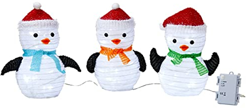 Mini 3er Set LED Pinguine Weihnachtsdeko 20cm hoch mit 45 integrierten kaltweiße LEDs zusammenfaltbar für Innen und Außen Gartendekoration Winterdekoration
