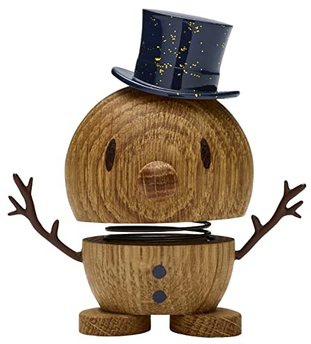 Hoptimist Snowman, julfigur & lyckobringare, skandinavisk design, dekoration för vardagsrum, kontor, barnrum & fönsterbräda, rolig snögubbe i ek, 9,5 x 5,9 x 7,8 cm, Small, Ek