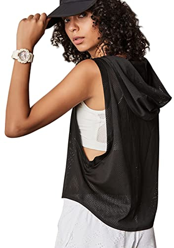 Mujer Fitness Sin Mangas Malla Hoodies Sudadera Deportes Camisetas Ejercicio Tops Negro L