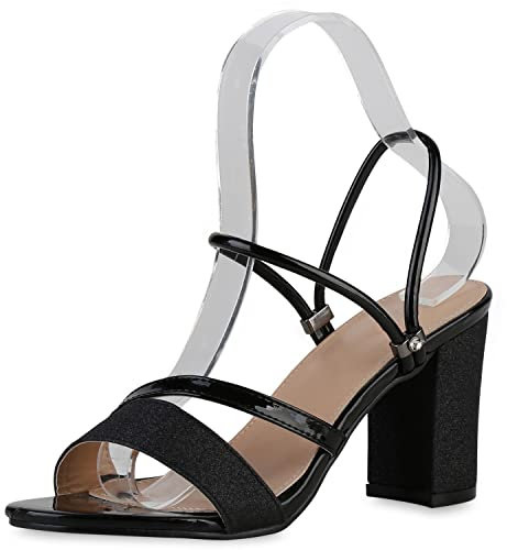 VAN HILL Damen Sandaletten Riemchensandaletten Party Blockabsatz Schuhe Glitzer Absatzschuhe Elegante Strass Abendschuhe 206655 Schwarz Strass 36