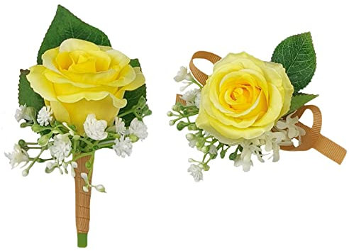 MAFELOE Künstliche Rosen-Ansteckblume für Bräutigam, Braut, Trauzeugen, Brautjungfern, Kunstblumen, Accessoires, Hochzeit, Party, Abschlussball, Anzug, Dekorationen, 2 Stück, Gelb