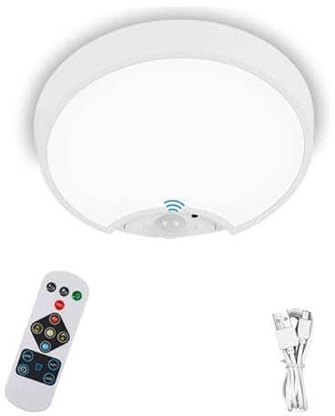 OMECO LED Deckenleuchte Flach mit Bewegungsmelder Akku Deckenlampe mit batterie und fernbedienung 200LM 6500K Rund Dimmbar mit 3 Modi Batteriebetrieben für Bad Flur Küche Dachböden Balkon Treppe